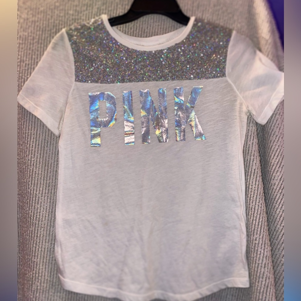 PINK Victoria's Secret Holographic White Tee